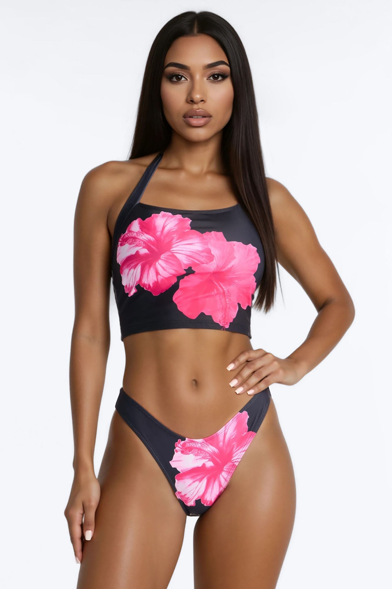 Mabel 2 Piece Floral Tankini Bikini Set - Black/Pink