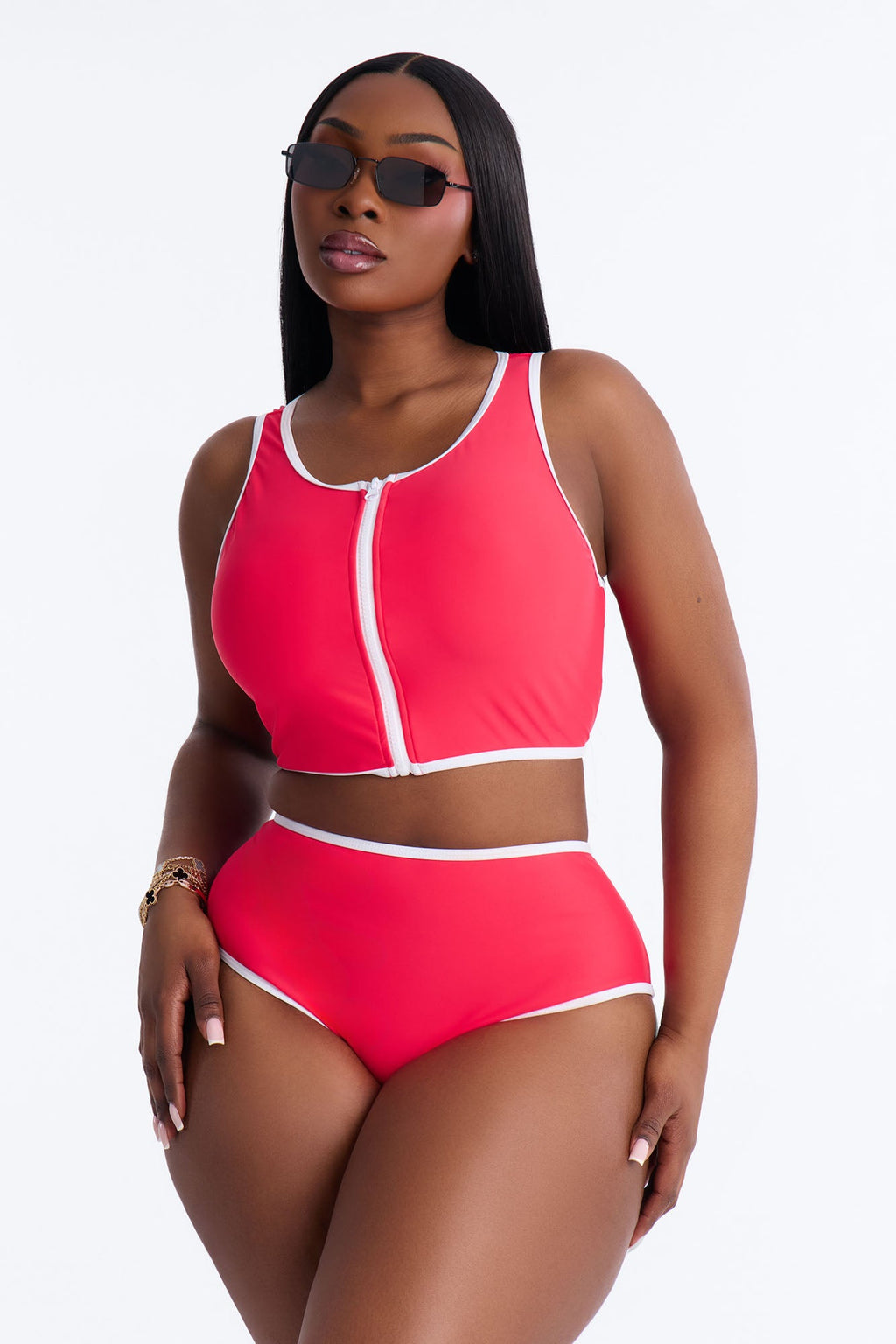 Waves Runner Colorblock Tank High Waist 2 Piece Bikini Bottom - Red/combo
