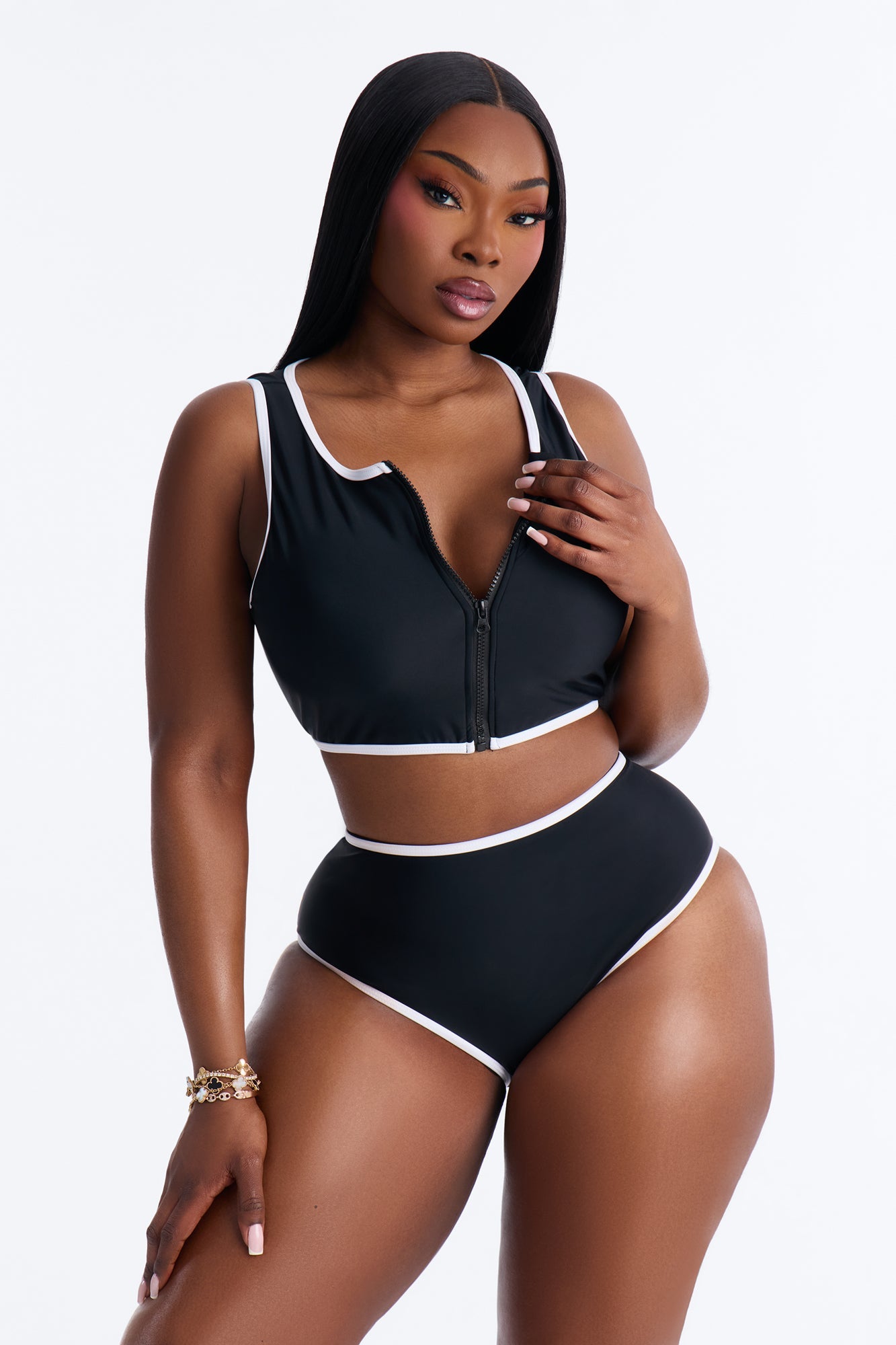 Waves Runner Colorblock Tank High Waist 2 Piece Bikini Bottom - Black/White