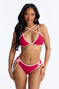 Tropical Tea Underwire Contrast Criss Cross Lace Up 2 Piece Bikini - Burgundy/combo