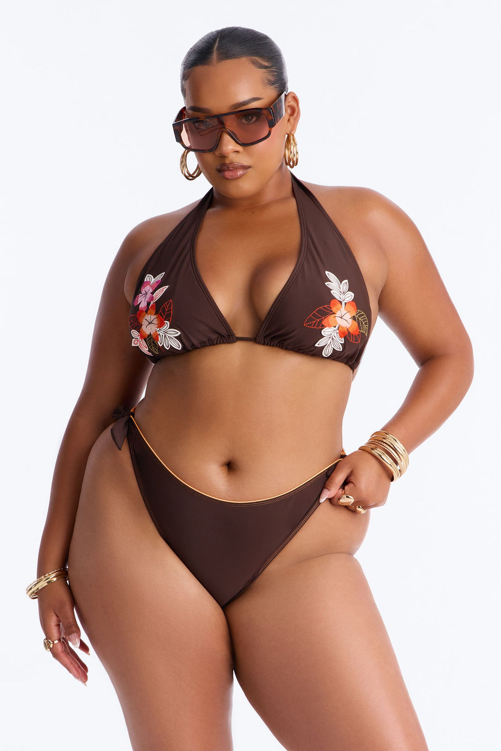 Danielle Knot Embroidered Floral Fixed Triangle 2 Piece Bikini - Dark Brown
