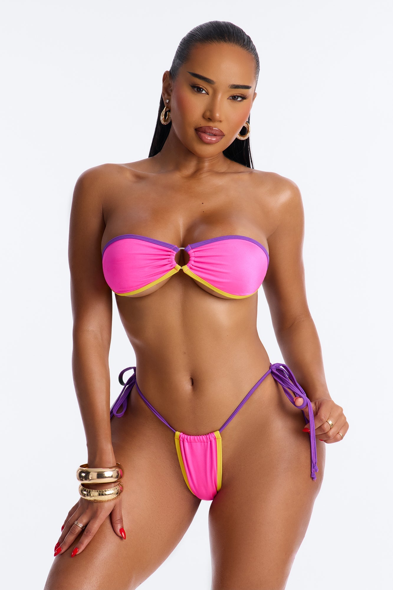 Sunset Glow Colorblock Contrast O-Ring Strapless 2 Piece Bikini - Hot Pink/combo