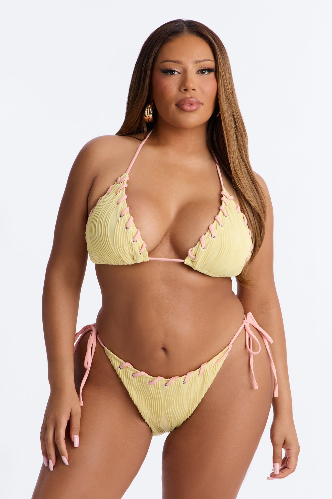 Aria Ribbed 2 Piece Whipstitch Triangle Bikini Set - Yellow